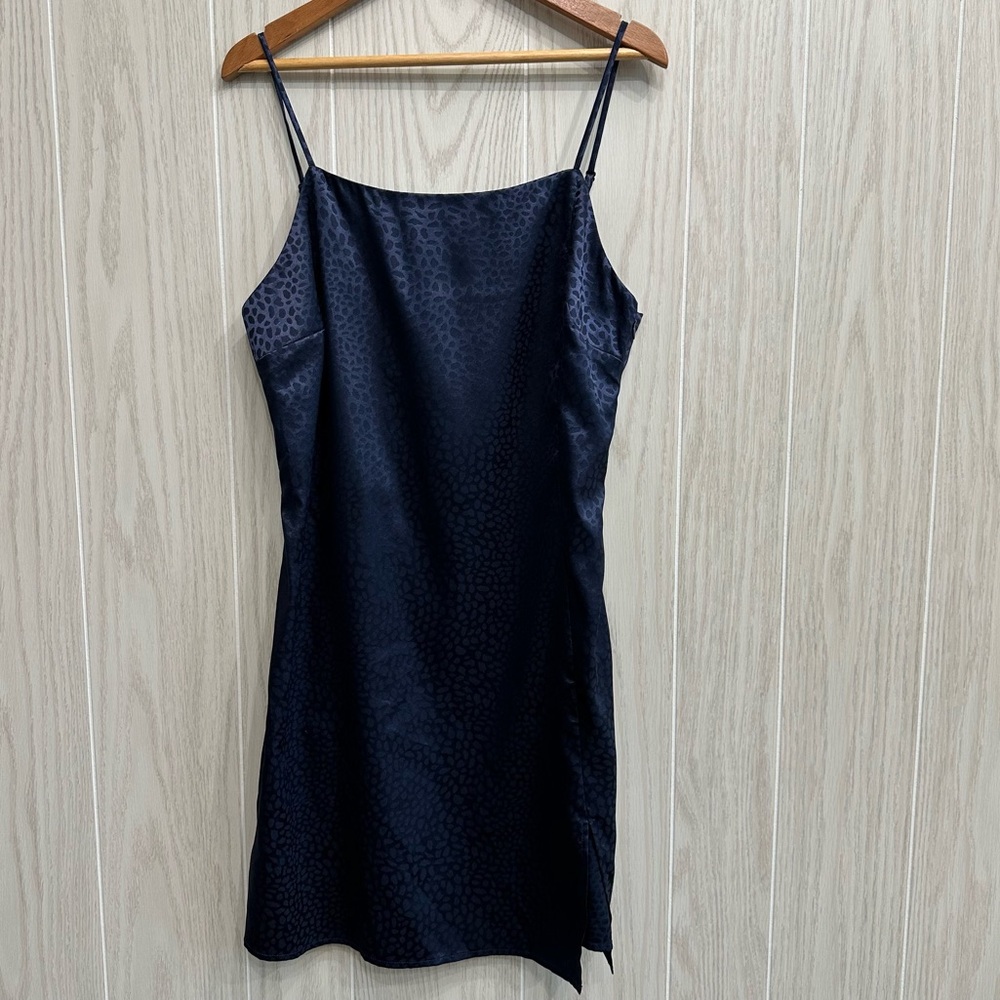 Sophie Rue Ella Navy Blue Satin Leopard Print Mini Slip Dress Lightweight
